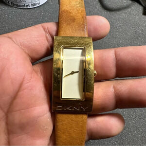 DKNY QUARTZ WATCH RECTANGLE GOLD TONE Brown Leather Band 3 ATM WR Working